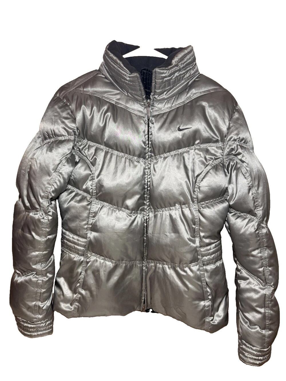 Vintage Nike Silver Puffer Down Jacket Satin Y2K Minimalist Womens Small S